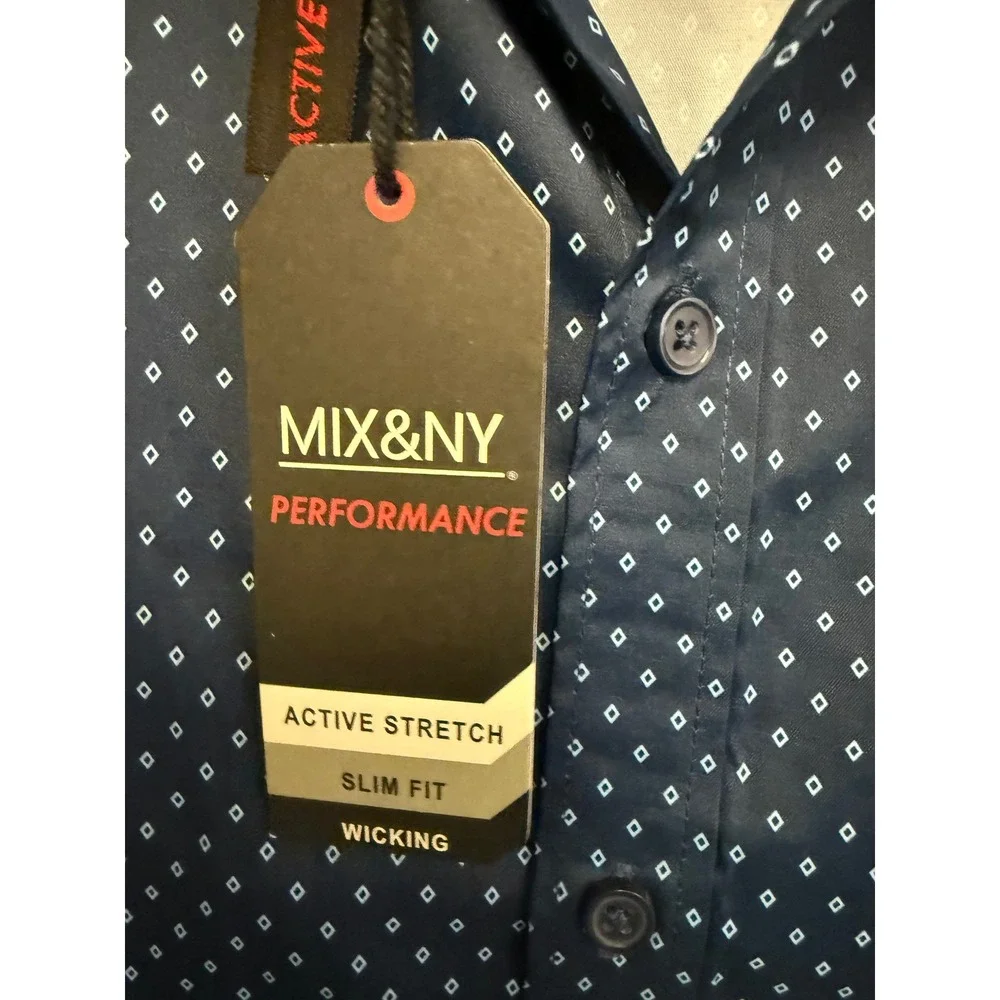 Mix&NY Performance Mens Slim Fit Active Stretch Wicking Shirt Navy Diamond L